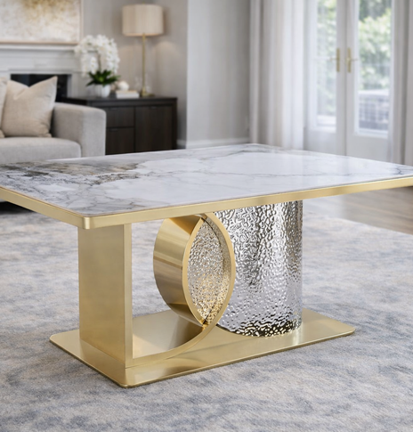 Louis Modern Hammered Design Dining Table, Sintered Stone Top , Black, Grey Or White