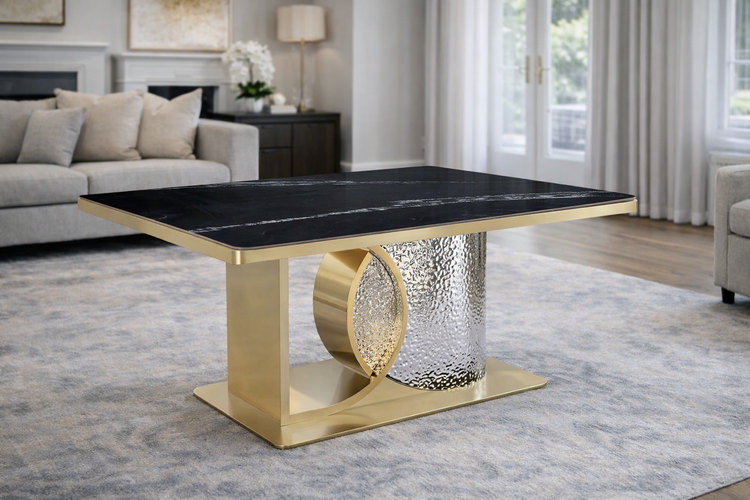 Louis Modern Hammered Design Dining Table, Sintered Stone Top , Black, Grey Or White