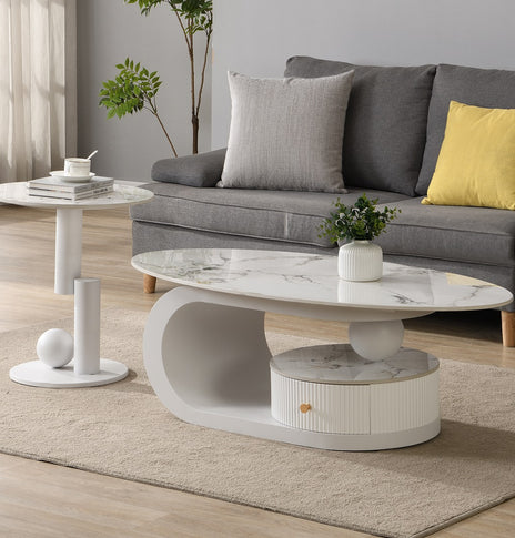 Florida Modern Stone-Top Coffee Table With Storage – White, Grey