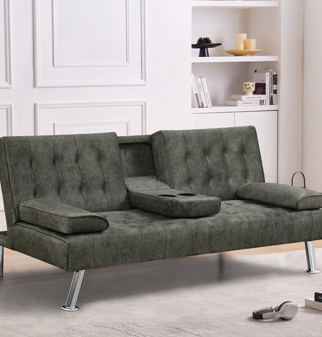 James Modern Convertible Sofabed with Cupholder – Black PU & Grey Fabric