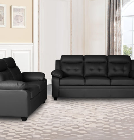 Clara 3+2 Seater Sofa Set, Black & Grey PU Leather, Modern Living Room Couch Set, Comfortable High-Back Design